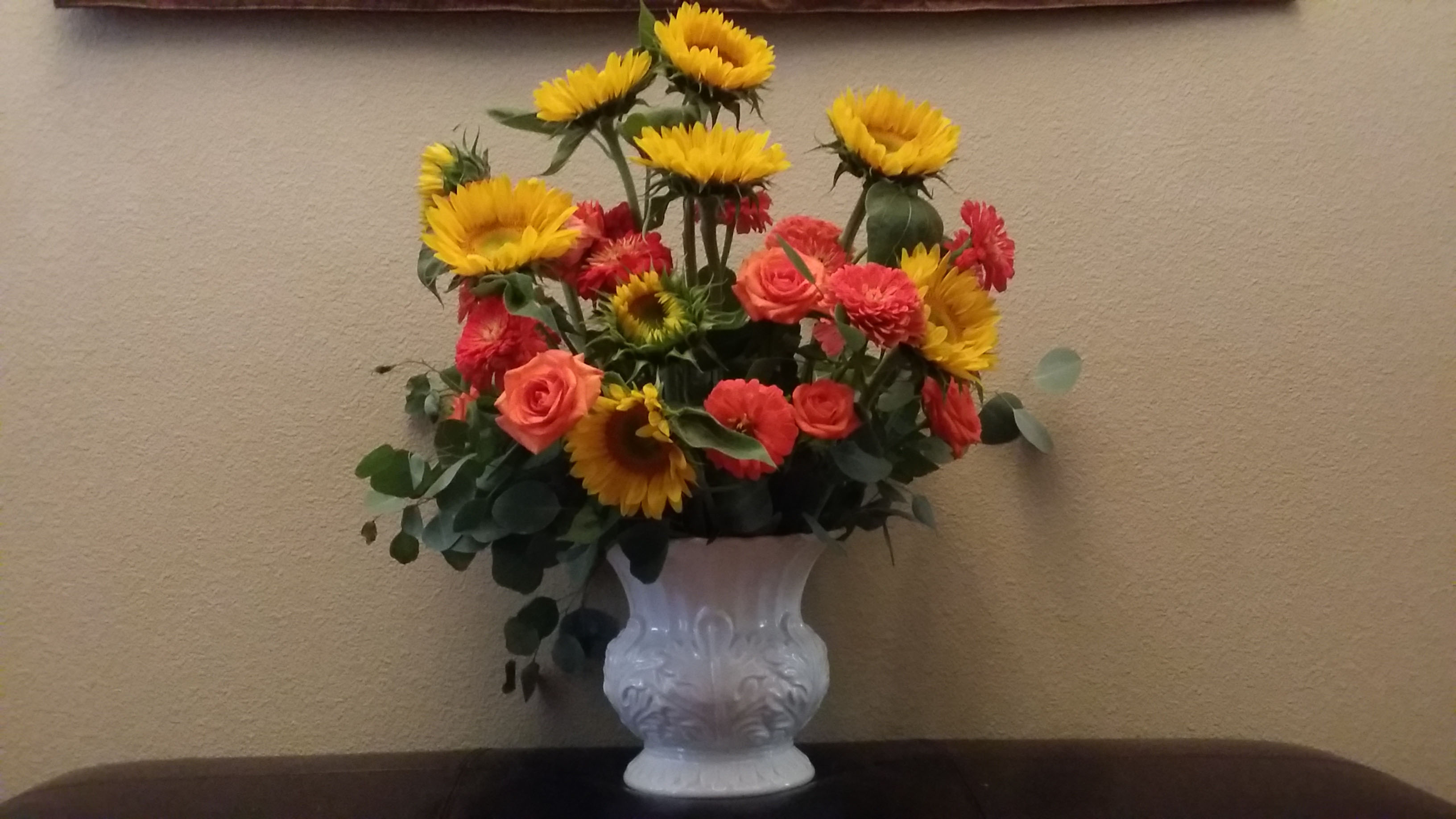 Sunflower Salmon Roses Gerbera Silver Dollar Eucalyptus
